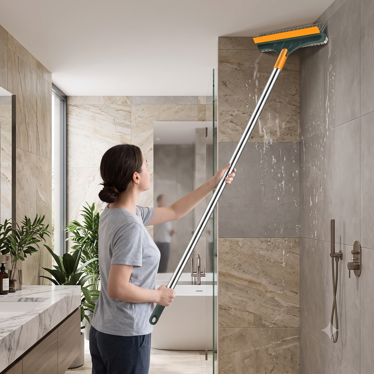 Multi-Function V-Shaped Tile Cleaning Brush with Rubber Scraper