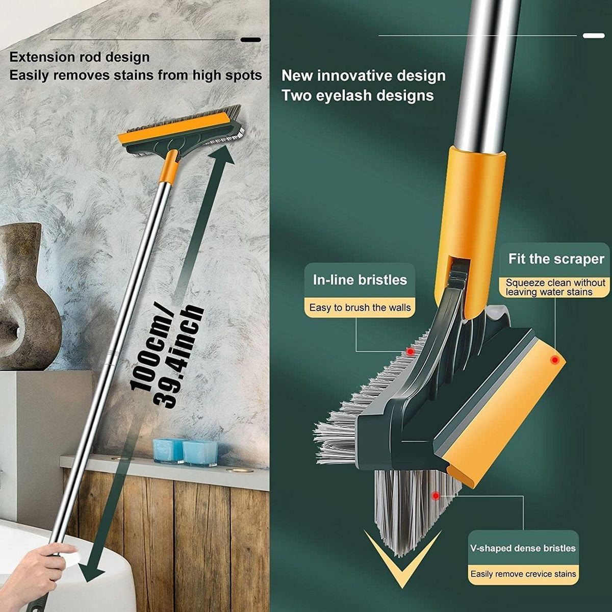 Multi-Function V-Shaped Tile Cleaning Brush with Rubber Scraper
