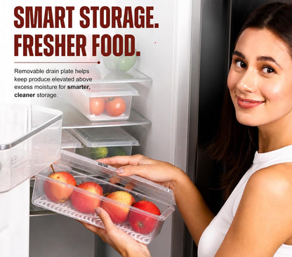 Neatora™ Clear Refrigerator Storage Bins with Drain Plate | Airtight Food-Grade Fridge Organizers for Vegetables & Fruits