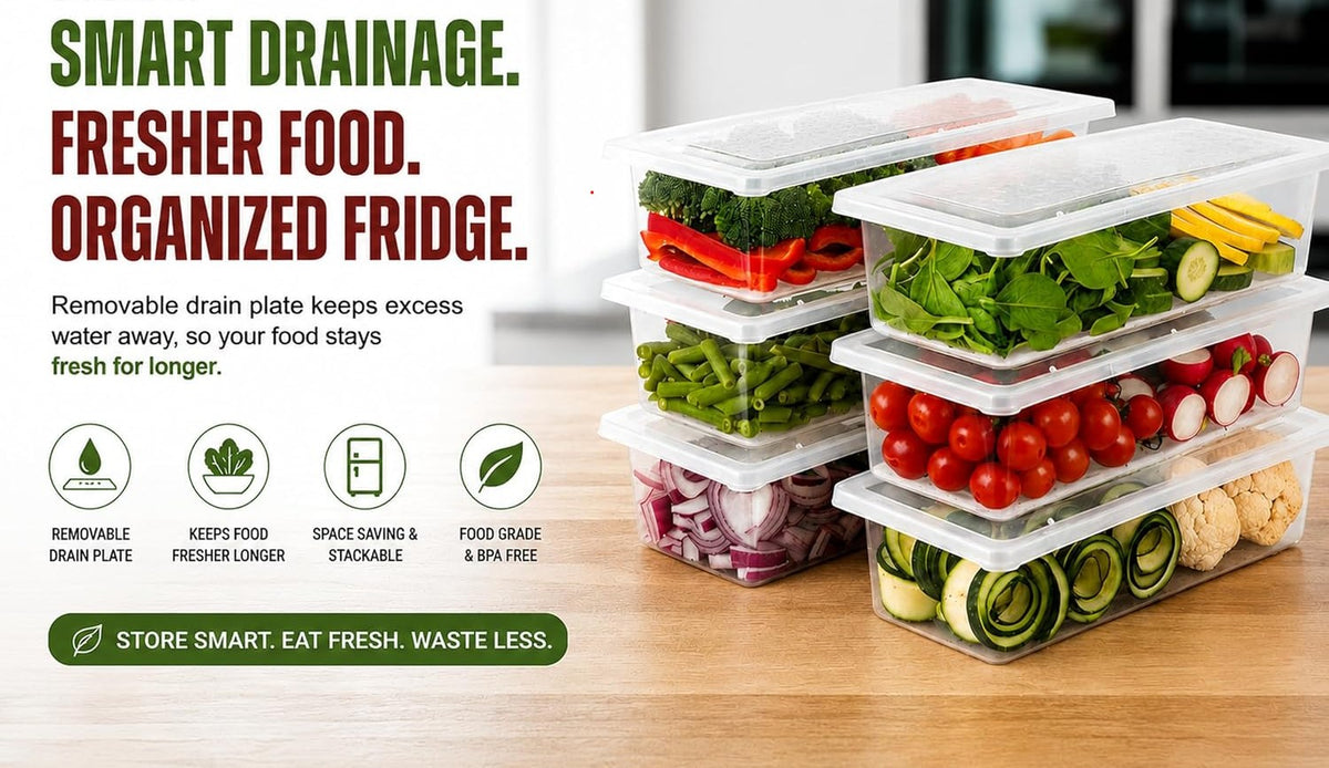 Neatora™ Clear Refrigerator Storage Bins with Drain Plate | Airtight Food-Grade Fridge Organizers for Vegetables & Fruits