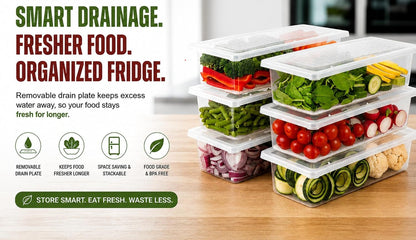 Neatora™ Clear Refrigerator Storage Bins with Drain Plate | Airtight Food-Grade Fridge Organizers for Vegetables & Fruits