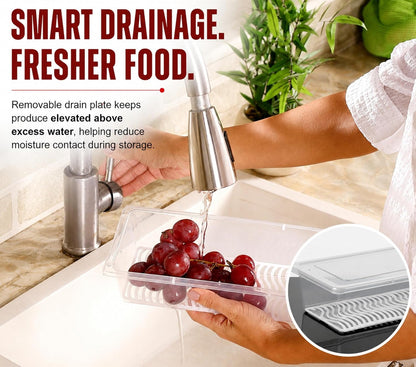 Neatora™ Clear Refrigerator Storage Bins with Drain Plate | Airtight Food-Grade Fridge Organizers for Vegetables & Fruits
